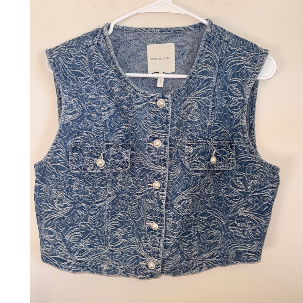 Avec Les Filles Blue Floral Jacquard Denim Vest Pearl Button Cropped Large
